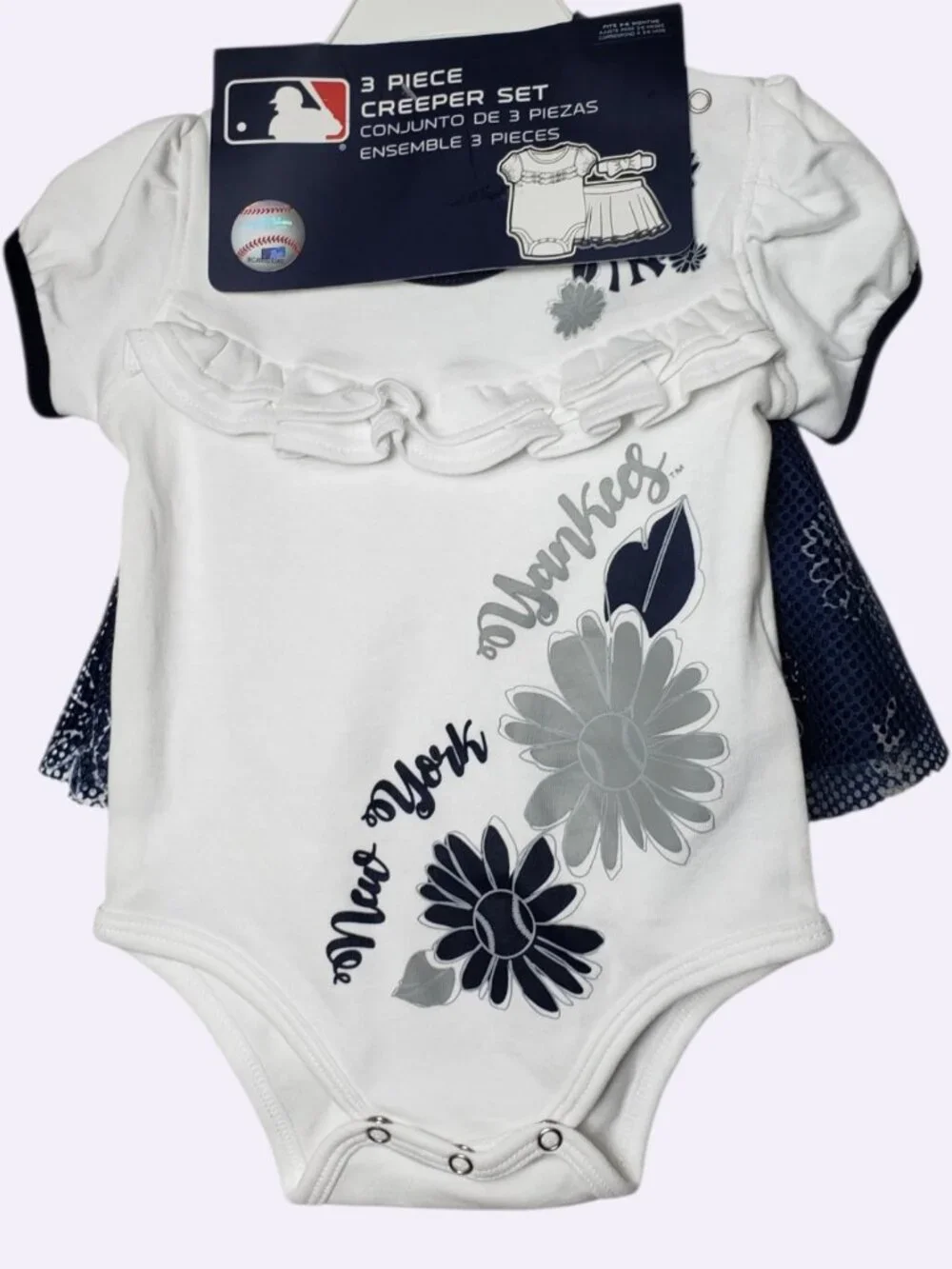 New York Yankees MLB Baby Girls 3-Piece Creeper Set Bodysuit Skirt Headband 3/6m